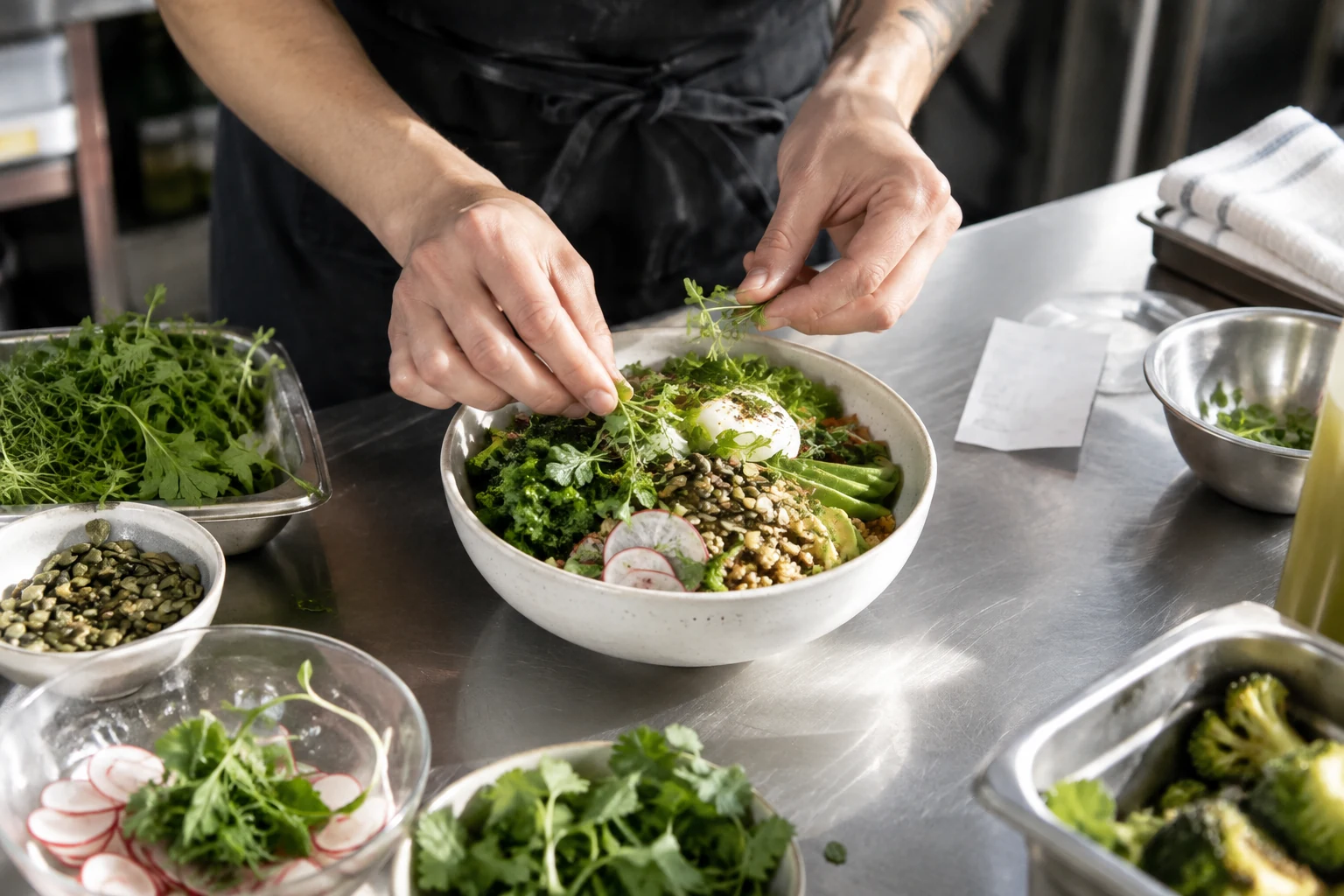 A cook preparing a fresh lunch bowl at a bright café counter